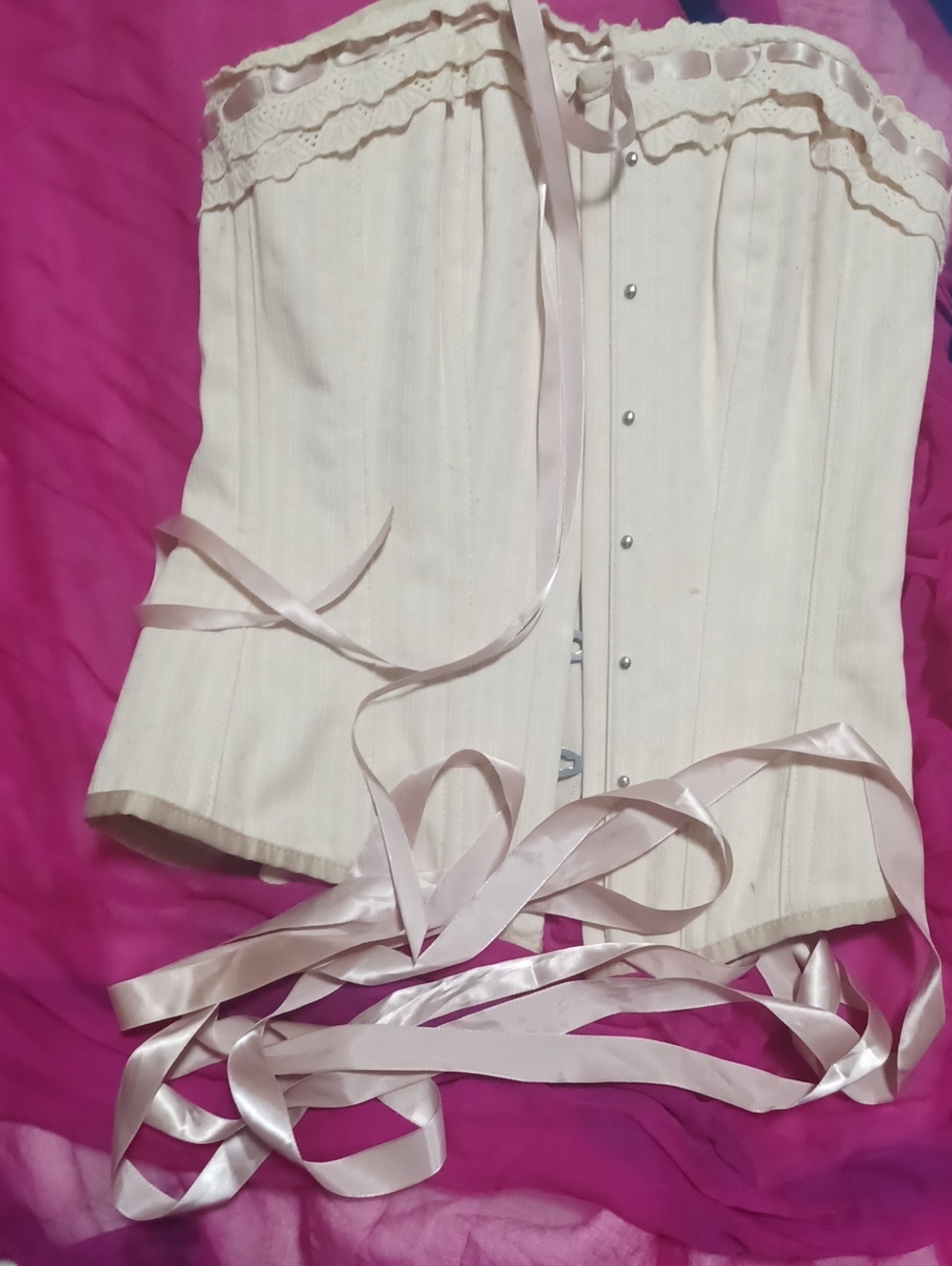 CORSET STORY Crean Blush Pink Cotyon Lace Trim Corset Pink Satin Uk.8/Us.4-6